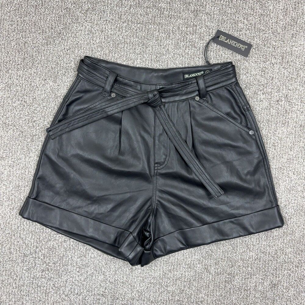 BLANKNYC Shorts Womens 26 Black Vegan Faux Leather Belted High Rise Festival